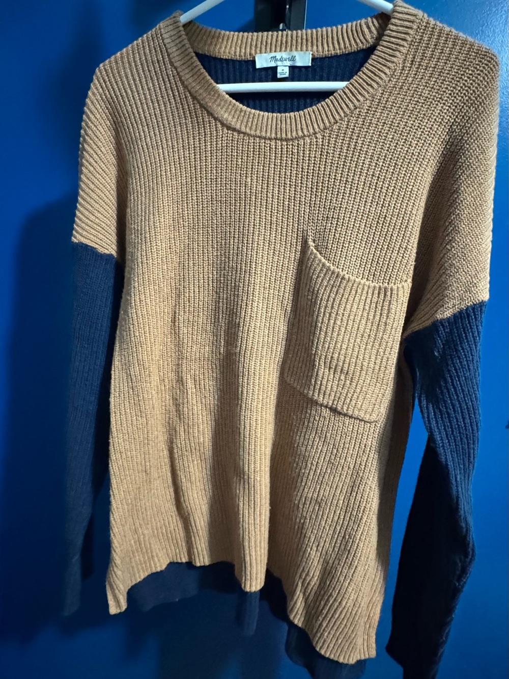 Madewell Two-Tone Crewneck Sweater in Camel and Navy